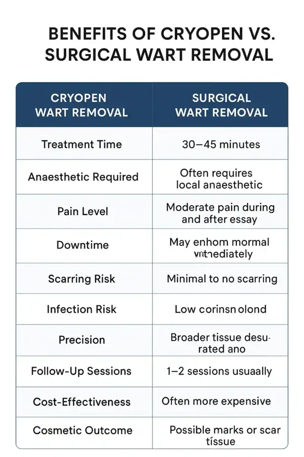 Table showing the benefits of cryopen to remove warts Wilmslow compared to surgical treatment